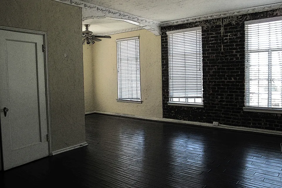 Empty living room/dining room in an apartment in a 1920s apartment house, Los Angeles, California.